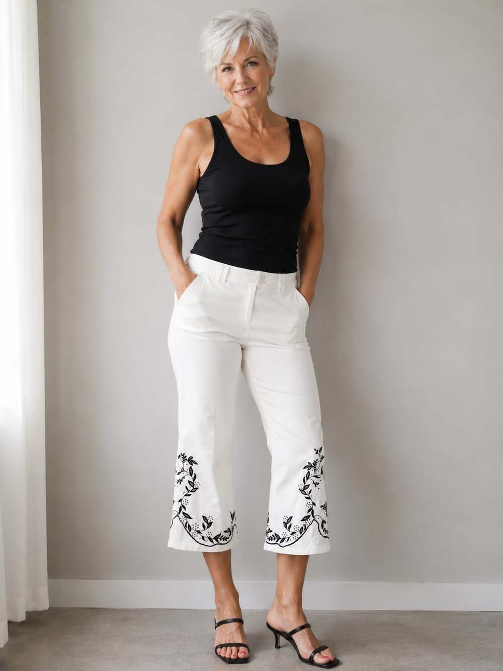 Coldwater Creek Women's White Embroidered Floral Cropped Pants Size P10
M58JC